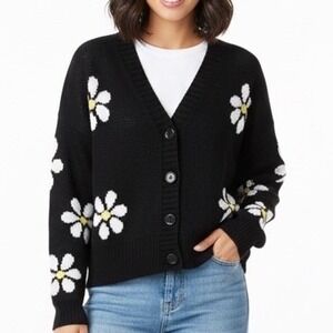 Rue21 Black Daisy Flower Knit Button Front Relaxed Cardigan Sweater Women Med